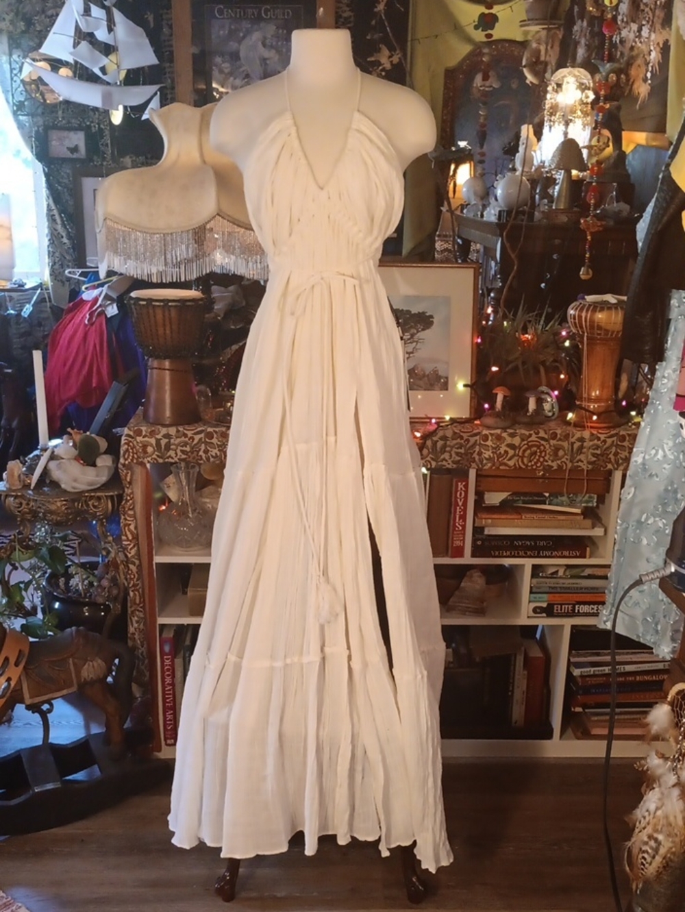 Goddess OSWT Bohemian Off White Halter Maxi Dress with Tassel Tie ML